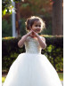 Beaded Ivory Lace Tulle Corset Back Long Flower Girl Dress